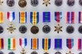 Close up shot of various war medals on display