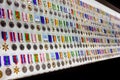 Close up shot of various war medals on display