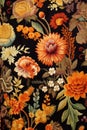 Close-up shot of a colorful assortment of flowers and greenery, placed on a patterned background