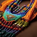 Close-up shot of a vibrant, intricately crafted beaded necklace emitting a soft glow