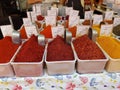 Close-up shot of vibrant spices in the market