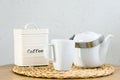 Close up shot of a vintage coffee set: carafe, mug and container with the word Coffee. Copy space Royalty Free Stock Photo