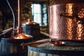 A close-up shot of a vintage copper still used for moonshine production, showcasing the craftsmanship and history behind the