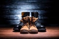 close-up shot of vintage father and son leather boots on wooden surface, Happy fathers