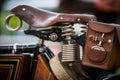 Vintage motorcycle leather saddle and toolbox