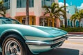 A close-up shot of a vintage 1980s sports car parked in front of a vibrant Miami Art Deco building, capturing the essence of Royalty Free Stock Photo