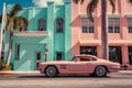 A close-up shot of a vintage 1980s sports car parked in front of a vibrant Miami Art Deco building, capturing the essence of