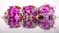 Close up shot of violet and colorful small flowers arranged in three bouquets. Fresh purple flowers bunch with reflection on floor