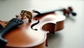 Close-up shot of violin. String musical instrument for symphonic, classical music. Detailed parts bridge, f-hole, strings, tuning
