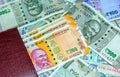 Close up shot of wallet, 200,500 and 100 rupees Indian currency notes Royalty Free Stock Photo