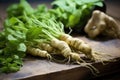 close-up shot of wasabi roots on a rustic wooden surface