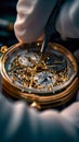 close-up shot of watch being repaired by gloved