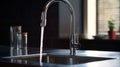 Close-up shot of water tap in modern luxury kitchen. Built-in sink, chrome faucet with running water. Beautiful dramatic Royalty Free Stock Photo