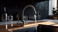 Close-up shot of water tap in modern luxury kitchen. Built-in sink, chrome faucet with running water. Beautiful dramatic Royalty Free Stock Photo