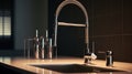 Close-up shot of water tap in modern luxury kitchen. Built-in sink, curved chrome faucet. Beautiful dramatic light Royalty Free Stock Photo