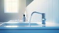 Close-up shot of water tap in modern luxury kitchen. White sink, chrome faucet with running water. Beautiful daylight Royalty Free Stock Photo