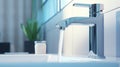 Close-up shot of water tap in modern luxury kitchen. White sink, chrome faucet with running water. Beautiful dramatic Royalty Free Stock Photo