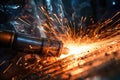 close-up shot of a welding torch in action, sparks flying