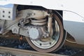 Close-up shot of the wheels with the brake system of an ICE train