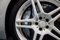 Close up shot of white light alloy wheels with brake disc pad, low-profile tires of a modern sport car Royalty Free Stock Photo