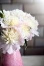 Close up shot of white peony flowers in vase.