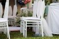 Close-up shot of white table and chairs, beautiful empty space decorated in a wedding Royalty Free Stock Photo