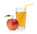 Close-up shot whole red apple with juice with straw Royalty Free Stock Photo