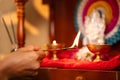 Close up shot of woman hands worshipping offering aarthi to god during morning - concept of rituals, traditional custom Royalty Free Stock Photo