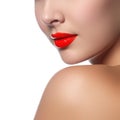 Close-up shot of woman lips with glossy red lipstick Royalty Free Stock Photo