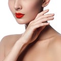 Close-up shot of woman lips with glossy red lipstick. Glamour re Royalty Free Stock Photo