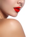 Close-up shot of woman lips with glossy red lipstick. Glamour re Royalty Free Stock Photo