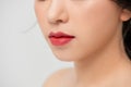 Close-up shot of woman lips with red lipstick. Beautiful perfect lips. Sexy mouth close up. Beautiful wide smile of young fresh Royalty Free Stock Photo