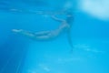 Close-up shot of a woman swimming underwater in the pool. Royalty Free Stock Photo