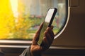 Close-up shot of woman& x27;s hands tapping on mobile phone screen. Girl in plaid shirt using modern smart phone Royalty Free Stock Photo