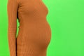 Close up shot of young pregnant woman`s belly in brown dress at green background. Pregnancy concept. Copy space Royalty Free Stock Photo