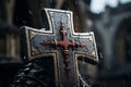 Close-up shots of the iconic symbols associated with the Knights Templar, such as the cross pattee, engraved on stone or metal