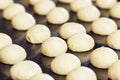 Close-up shots of raw round buns with sesame seeds lie on metal pan Royalty Free Stock Photo