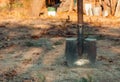 Close up of shovel head dug into sand and rock dirt at ceremonial ground breaking event for commercial and residential building Royalty Free Stock Photo