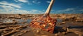 Close-up of a shovel stuck in the mud of a beach