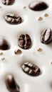 Rich, dark coffee beans floating gently in a sea of creamy, pristine white milk. Royalty Free Stock Photo