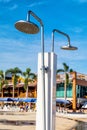 Close-up of shower head with flowing water in Waterpark Royalty Free Stock Photo