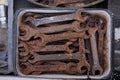 close-up showing old rusty metal and brass parts in bulk for decoration or collection Royalty Free Stock Photo