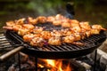 close-up of shrimp skewers sizzling on campfire grill