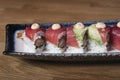 Close up of shrimp urimaki covered with tuna tataki Royalty Free Stock Photo