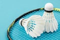 Close up shuttlecock and badminton racket