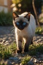 Adorable Siamese Kitten Walking on a Rocky Path at Sunset Royalty Free Stock Photo