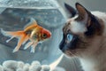 Siamese cat watching goldfish in fish bowl Royalty Free Stock Photo