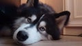 Close-up of a siberian husky with sad eyes lying on the floor in the living room