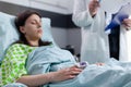 Close up of sick woman resting in bed with finger heart rate monitor puls on finger Royalty Free Stock Photo