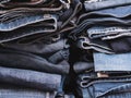 Close up on the side of the blue jeans stack Royalty Free Stock Photo